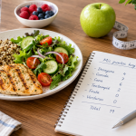 Comida saludable con cuaderno para calcular los puntos de Weight Watchers
