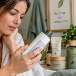 Mujer leyendo la etiqueta de cosméticos ecológicos y revisando sus ingredientes