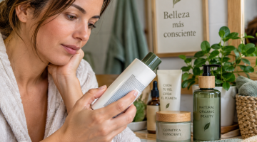 Mujer leyendo la etiqueta de cosméticos ecológicos y revisando sus ingredientes