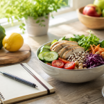 Plato saludable con verduras, pollo, cereales y cuaderno para organizar la dieta Weight Watchers