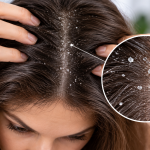 Cuero cabelludo con caspa visible y descamación entre el cabello