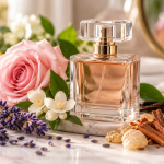 Frasco de perfume rodeado de rosa, lavanda, cítricos, vainilla y maderas aromáticas