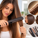Mujer usando una plancha para el pelo junto a distintos tipos de planchas y ejemplos de cabello liso y ondulado