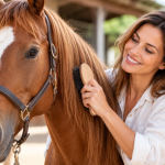 Mujer cepillando la crin de un caballo en una imagen sobre el uso del champú de caballos en personas