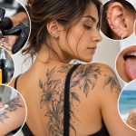 Mujer con tatuajes y piercings junto a escenas de tatuado, perforaciones, tintas y cuidados posteriores