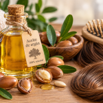 Aceite de argán para el cabello junto a semillas de argán