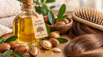 Aceite de argán para el cabello junto a semillas de argán