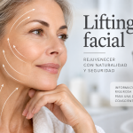 Mujer madura junto a indicaciones de lifting facial en rostro y cuello
