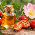 Aceite de rosa mosqueta junto a frutos, semillas y una flor de rosa silvestre