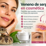 Mujer junto a una crema y una serpiente, con representación del péptido SYN-AKE y su acción sobre las líneas de expresión