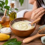 Mascarillas para el cabello. Mujer aplicando una mascarilla capilar casera con aguacate, plátano, miel, yogur y aceite