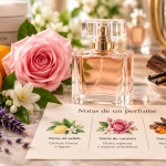Perfume con notas de salida, corazón y fondo representadas con cítricos, flores, maderas y vainilla