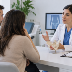 Especialista explicando opciones de cirugía genital y salud pélvica a una pareja en consulta médica