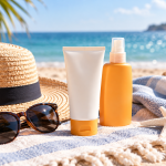 Protectores solares en crema y spray junto a sombrero y gafas de sol en la playa