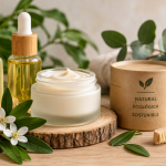 Cosmética ecológica con crema, aceite vegetal y productos naturales