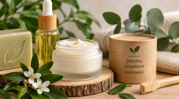 Cosmética ecológica con crema, aceite vegetal y productos naturales