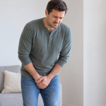 Hombre inclinado con las manos protegiendo la zona genital por dolor