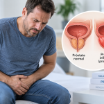 Hombre con dolor pélvico y esquema de próstata inflamada por prostatitis