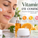 Mujer aplicando crema facial junto a cosméticos con vitaminas C, E, B3 y B5