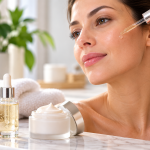 Mujer aplicando un sérum facial con cuentagotas junto a un frasco de sérum y una crema hidratante