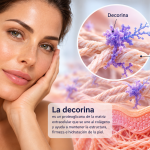 Mujer junto a una representación de la decorina unida a fibrillas de colágeno en la matriz extracelular de la piel