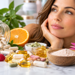 Mujer junto a cápsulas, suplementos, frutas y colágeno en polvo relacionados con la nutricosmética para piel, cabello y uñas
