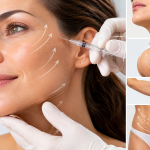 Tratamiento estético con inyecciones de Endopeel en el rostro y representación de zonas como cuello, glúteos, brazos y abdomen