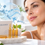 Mujer junto a ampollas cosméticas con proteoglicanos para el cuidado de la piel