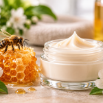 Crema cosmética con veneno de abeja junto a un panal y una abeja