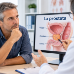 Hombre en consulta médica observando un esquema de la próstata