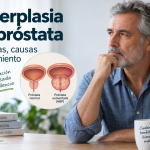 Hombre con hiperplasia de próstata y esquema de próstata aumentada