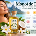 Mujer junto a aceite de Monoï de Tahití, flores de tiaré y coco en un entorno tropical