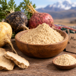 Maca peruana: raíces, polvo y distintas variedades de maca