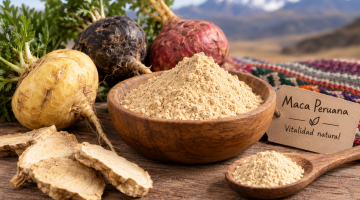 Maca peruana: raíces, polvo y distintas variedades de maca