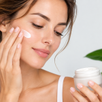 Mujer aplicando una crema facial con extractos de células madre vegetales