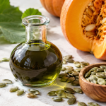 Aceite de semillas de calabaza junto a pipas de calabaza y una calabaza abierta