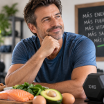 Hombre adulto saludable junto a alimentos y pesas para favorecer niveles adecuados de testosterona