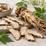 Raíz seca de dong quai o Angelica sinensis junto a cápsulas y hojas de la planta