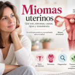 Mujer junto a una ilustración del útero con miomas intramurales, submucosos, subserosos y pediculados