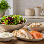 Alimentos con distintos tiempos de digestión junto a un reloj