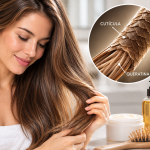 Mujer con cabello brillante junto a una representación de la cutícula y la queratina del pelo
