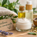 Cosmética natural con crema, aceites vegetales y plantas