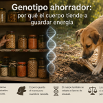 Genotipo ahorrador explicado con una despensa, un perro que guarda un hueso y una hélice de ADN