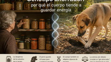 Genotipo ahorrador explicado con una despensa, un perro que guarda un hueso y una hélice de ADN