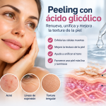 Mujer junto a una representación del peeling con ácido glicólico y sus efectos sobre manchas, acné, textura y renovación de la piel