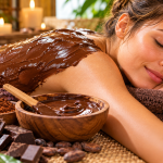 Mujer relajándose durante una envoltura corporal de chocolaterapia con cacao en un ambiente de spa