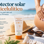 Mujer aplicando protector solar anticelulítico en el muslo junto al mar