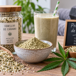 Proteína de cáñamo en polvo, semillas de cáñamo y batido