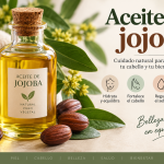 Aceite de jojoba con semillas y hojas para el cuidado de la piel y el cabello