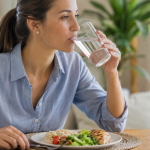 Mujer bebiendo agua durante la comida